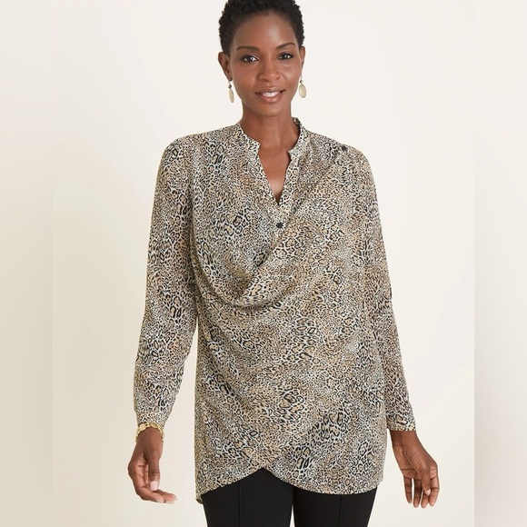 Chicos Convertible Cheetah Print Shirt Size Large Relaxed Lightweight Button Up - Picture 2 of 6